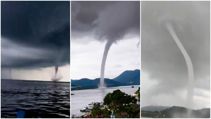 震撼！廣東巨型水龍捲衝雲霄 廣西驚現三龍吸水（多視頻）